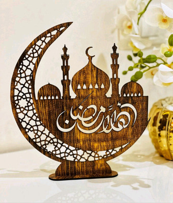 MeeCraft Wooden Ramadan Crescent Moon Stand with Mosque Design Table Decor. Decorative Showpiece  -  22 cm(Wood, Brown)