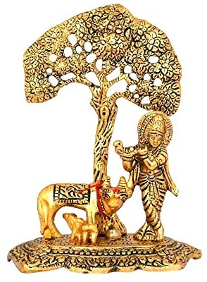 Dev Samagri Standing Krishna Idol with Cow and Calf Decorative Showpiece  -  15.5 cm(Metal, Gold)