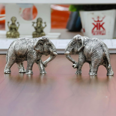 KridayKraft Metal Silver Plated African Elephants Decorative Showpiece Figurine 2 Pcs Set Decorative Showpiece  -  7 cm(Aluminium, Silver)