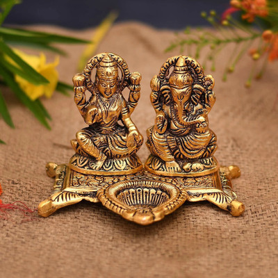 Ein Sof Lakshmi Ganesh Idol for Home/Pooja Room, Gold Plated Metal Ganesh Lakshmi Murti with Diya Stand for Home Decoration or Gift (12 cm x 10 cm x 11 cm) Decorative Showpiece  -  10 cm(Brass, Gold)