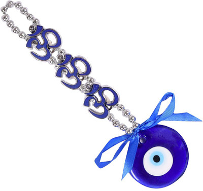 FOBHIYA Feng Shui Evil Eye Hanging 3 OM Nazar Suraksha Kavach with Crystal Ball Decorative Showpiece  -  24 cm(Glass, Blue)