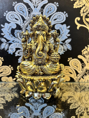 Maya Brass Emporium Brass Ganesha on Lotus Idol Showpiece Figurine Decorative Showpiece  -  10.16 cm(Brass, Gold)