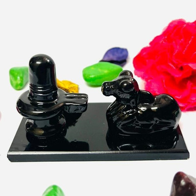 DARIDRA BHANJAN Crystal Shivling, Glass Shiv Nandi idol, Joint Shivling Nandi, Nandi Maharaj Decorative Showpiece  -  4 cm(Crystal, Black)
