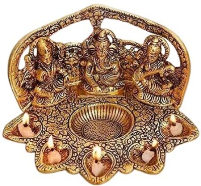 Ajayu 4Korner Laxmi Ganesh Saraswati Idol Diya Oil Lamp Deepak for Pooja Decorative Showpiece  -  21.5 cm(Aluminium, Gold)