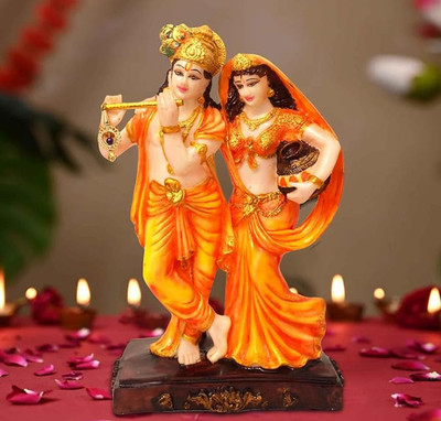 yogi Orange Radha Krishna Statue Sculpture Hand Carved Hindu God Idols Home & Office Decorative Showpiece  -  16 cm(Polyresin, Orange)