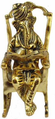 sanskaari Brass 3D Moving Lord Ganesha Statue Sitting on A Chair and Reading Ramayan Decorative Showpiece  -  15 cm(Brass, Gold)