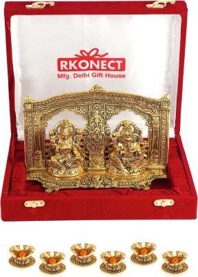 Delhi Gift House Golden Metal Laxmi Ganesh God Murti Idol In Red Velvet Box With 6 Pcs Hand Diya Decorative Showpiece  -  21 cm(Metal, Gold Plated, Gold)