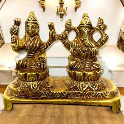 Obs Laxmi Ganesh idol with Pawti Decorative Showpiece  -  7 cm(Brass, Gold)