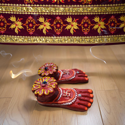 Kraftlik Handicrafts Laxmi Charan Paduka – Set of 1 (Red) Terracotta (Pack of 2) Table Diya Set(Height: 3 inch)