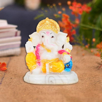 Awesome Craft Lord Ganesha Idol Ganpati Statue Spiritual Puja Figurine Religious Murti Pooja Decorative Showpiece  -  10.5 cm(Marble, Multicolor)