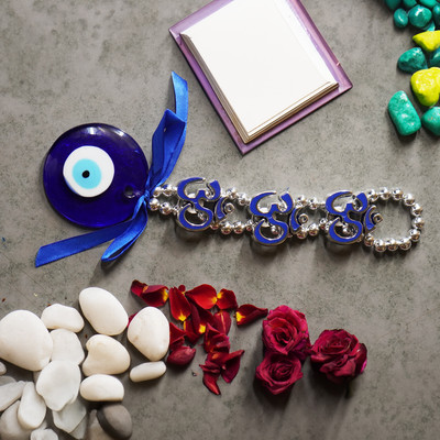 Dalvkot Om Evil Eye Nazar Suraksha Wall and Car Hanging for Good Luck Prosperity & Success Decorative Showpiece  -  25 cm(Crystal, Blue, Silver)