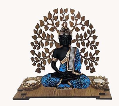 SN Handicrafts Sitting Buddha Idol Statue, Wooden Bodhi Tree with 2 Tealight Candle Holder Decorative Showpiece  -  26 cm(Polyresin, Dark Blue)