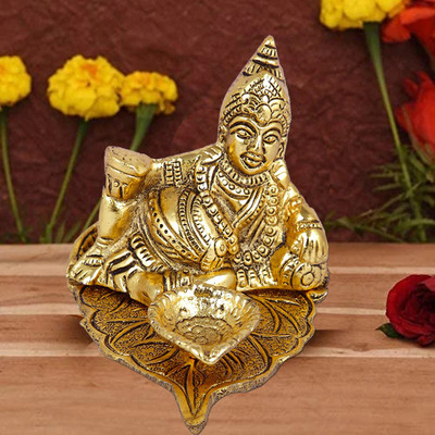 NOKTUS Kuber Deepak on Leaf |Kubera Diya Murti for Temple Decor|Religious Idol Brass Table Diya(Height: 3.5 inch)