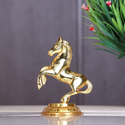 Koolwal craft Golden Finish Jumping Horse Metal Statue for Income and Bright Future & Table Decorative Showpiece  -  12 cm(Metal, Yellow)