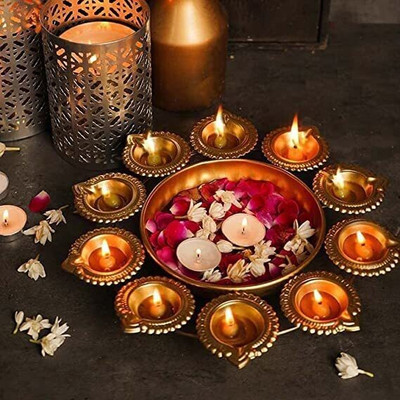 aasha brass collections Decorative Urli Bowl Handcrafted Round Diya Shape Candles Bowl 12 inches Decorative Showpiece  -  30.4 cm(Metal, Gold)