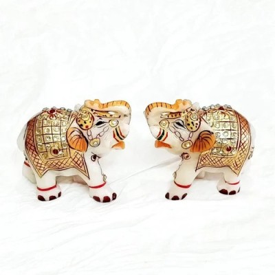 JC Crafts & Fabrics Handcrafted Marble Elephant Showpiece Set - 2 PCs Decorative Showpiece  -  5 cm(Marble, Multicolor)
