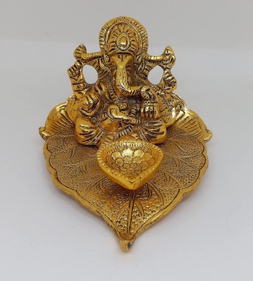 jangra Handcrafted Metal Ganesh Idol on Leaf | Lord Ganesha with Diya for Diwali Pooja, Decorative Showpiece  -  20 cm(Brass, Gold)