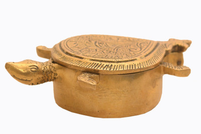 Purpledip Rare Collection Tortoise Turtle Shaped Sindoor Kumkum Box: Brass Dabbi Decorative Showpiece  -  2.5 cm(Brass, Gold)