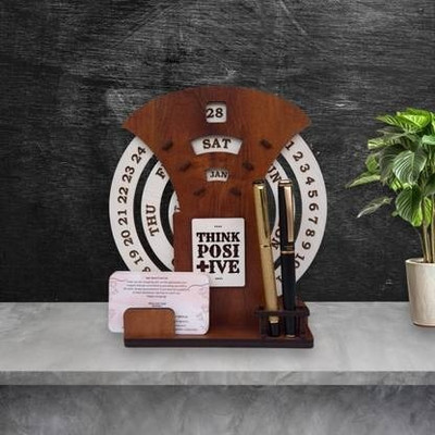 Giftingcare Wooden Desk Calendar with Clock & Pen Stand | Table Decor & Office Gift Decorative Showpiece  -  20 cm(Wood, Brown)