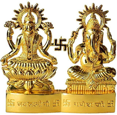 sanskaari God Laxmi Ganesh Set Statue Idol Murti In Brass Hindu Religious Laxmi Ganesh Decorative Showpiece  -  10 cm(Metal, Yellow)