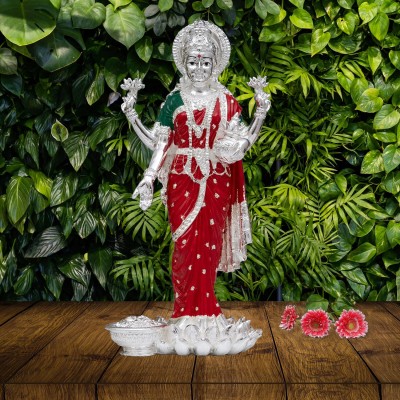 Divine studio Green Pure Silver Plated Dhan Lakshmi Idol for Good Luck Prosperity, Success Decorative Showpiece  -  25.2 cm(Polyresin, Red)