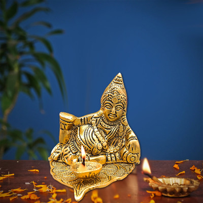 NOKTUS Kuber Deepak For Good Luck Kuber Sitting On Leaf WIth Diya Brass Table Diya(Height: 3.5 inch)