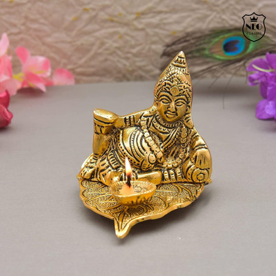 Neo Classic Kuber Deepak on Leaf |Kubera Diya Decorative Showpiece  -  10 cm(Aluminium, Gold)