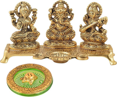 Etsi Bitsi Golden Lakshmi Ganesh Saraswati Idol Set with Green Tortoise Incense Holder Decorative Showpiece  -  10 cm(Metal, Gold)