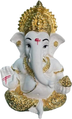 DIVINE White Golden Ganesha Idol Home Temple Office Car Dashboard Decorative Statue Decorative Showpiece  -  9 cm(Resin, Gold, White)