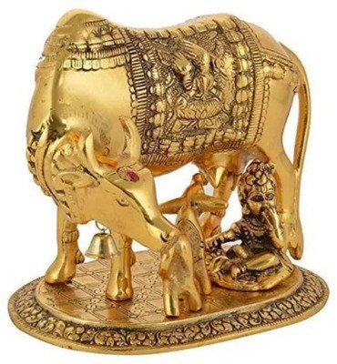 pranchi Kamdhenu Cow with Calf & Krishna Decorative Showpiece  -  23 cm(Aluminium, Metal, Gold)