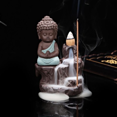 eCraftIndia Meditating Buddha Smoke Backflow Cone Incense Holder with Scented Cone Incenses Decorative Showpiece  -  12 cm(Polyresin, Black, Green)