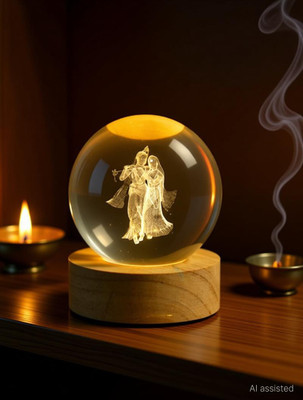 VoraPrime 3D Radha Krishna Crystal Ball Night Lamp | LED Wooden Base Galaxy Decor Light Decorative Showpiece  -  6 cm(Glass, Wood, Multicolor)