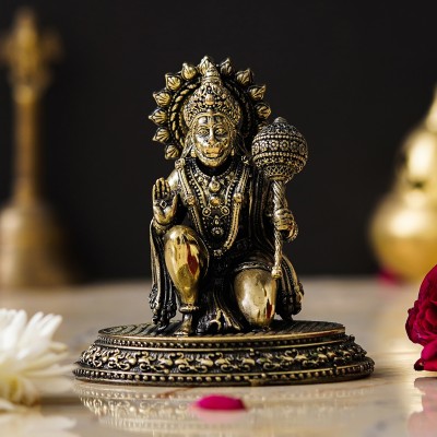 shyam antique creation Hanuman Ji Sitting Murti Bajrangbali Statue Balaji Maharaj Idol for Home Puja Decorative Showpiece  -  8.89 cm(Brass, Gold)