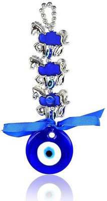 Vedeek Collections Vastu Feng Shui Evil Eye Wall Hanging with Three Horse for Good Luck Prosperity Decorative Showpiece  -  16.5 cm(Glass, Blue)