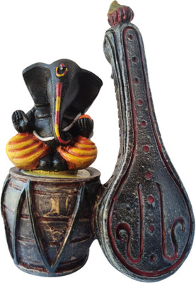 Anantamitra Ganesh Idol with Dholak & Veena for Decor, Housewarming, Office & Gifting Decorative Showpiece  -  21 cm(Resin, Black, Red, Yellow)