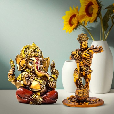 karvaan Combo Ganesha (4 inch) & Bahubali Hanuman (6 inch) Decorative Showpiece  -  14 cm(Resin, Gold)