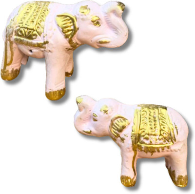 PrioMaa Set of 2 Open Trunk Elephant Hati Handcraft Clay Terracotta Statue Decorative Showpiece  -  12 cm(Clay, White)