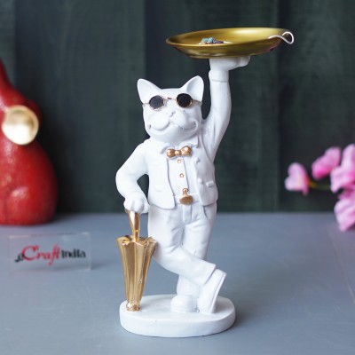 eCraftIndia White Bulldog Statue in Glasses Holding Golden Umbrella and Tray in Hands Decorative Showpiece  -  26 cm(Polyresin, White)