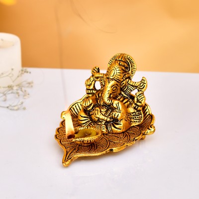 Craftam Metal Lord Ganesh on Leaf with Diya Figurine Showpiece Decorative Showpiece  -  7 cm(Metal, Gold)