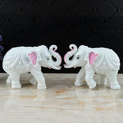 SEVLIYA TRADERS Pack of 2 White Elephant Showpieces 5x4 inch Marble Resin Home Decor Statues Decorative Showpiece  -  10.1 cm(Resin, White)