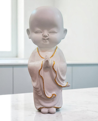 ANI DIVINE Elegant White Polyresin Smiling Buddha Monk Standing Idol 9 Inch Statue Decorative Showpiece  -  23 cm(Resin, White)