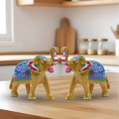 BAINADA INDUSTRIES Handcrafted Rajasthani Big Elephant Figurine For Home Décor-Blue (Pack Of 2) Decorative Showpiece  -  16 cm(Paper Mache, Gold)