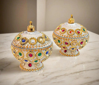 Koil (Pack of 2) White Dome Shape Sindoor Dani Box dani stick dibbi dibiya kumkum Decorative Showpiece  -  6 cm(Metal, White)