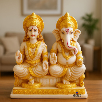 NOKTUS Lakshmi Ganesha Marble Murti - Home & Office Temple Decor - Diwali Puja & Gift Decorative Showpiece  -  12 cm(Marble, Multicolor)