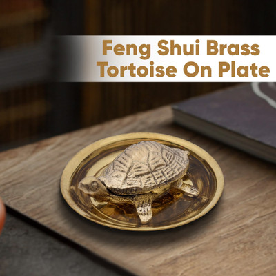 Karigar Creations Feng Shui And Vastu Brass Tortoise On Plate Showpiece for Good Luck Home Decor Decorative Showpiece  -  9 cm(Brass, Gold)