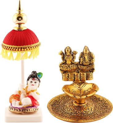 jagriti enterprise Marble BalGopal/ThakurJi Umbrella & Metal Pooja Diya Laxmi Ganesh Design Decor Decorative Showpiece  -  2 cm(Marble, White, Yellow)