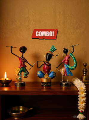 Handicrafy Krishna & Dandiya Musician Set of Three Decorative Showpiece  -  16 cm(Metal, Multicolor)