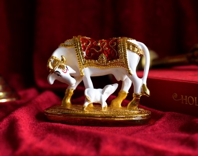 THE KUTIR Cow calf with silver platted Meena work Decorative Showpiece  -  10 cm(Metal, White, Red)