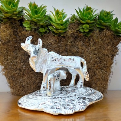 Shri Krishna Store Metal Silver Plated Kamdhenu Cow With Calf Statue Decorative Showpiece  -  12 cm(Aluminium, Silver)