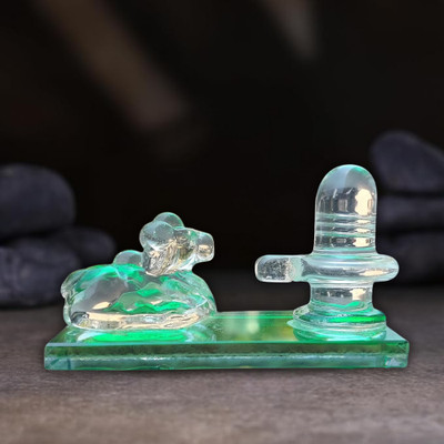 DARIDRA BHANJAN Mahadev Crystal Shivling, Glass Shiv Nandi idol, Joint Shivling Nandi Decorative Showpiece  -  4 cm(Crystal, White)